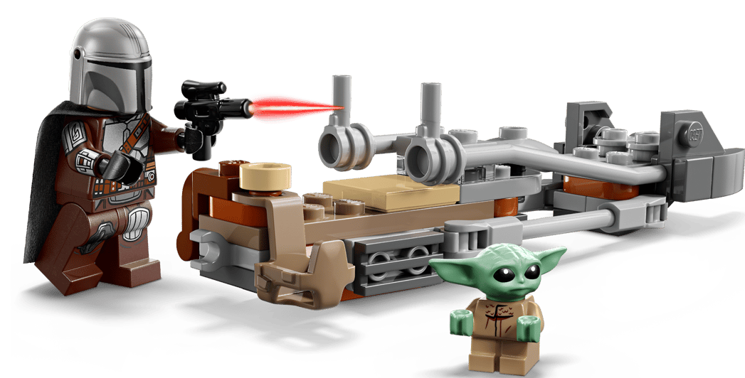 Mandalorian Lego-Figur mit Blaster und Baby Yoda neben einem Lego-Hovercraft.
