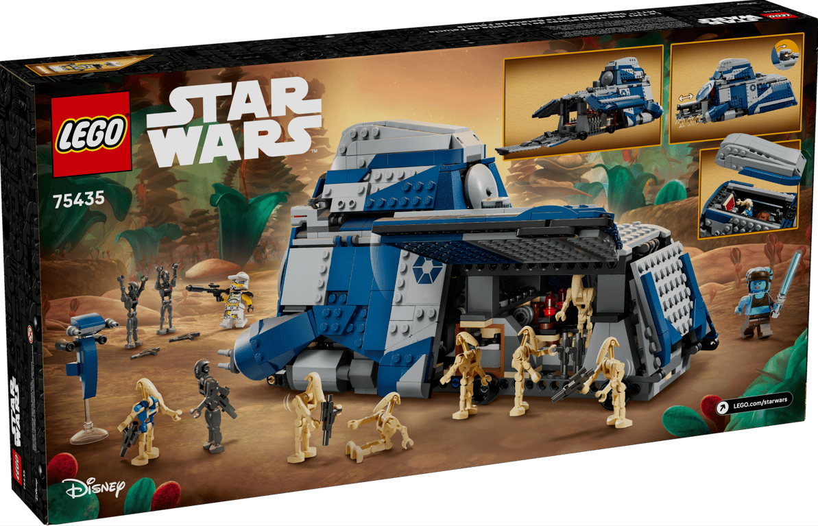 Lego Star Wars Set 75435 mit blauem und grauem Fahrzeug, Droiden und Klonkrieger auf Wüstenplanet.