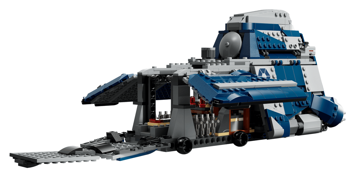 Ein blau-graues Lego-Raumschiff mit geöffneten Rampen und sichtbarem Innenraum.