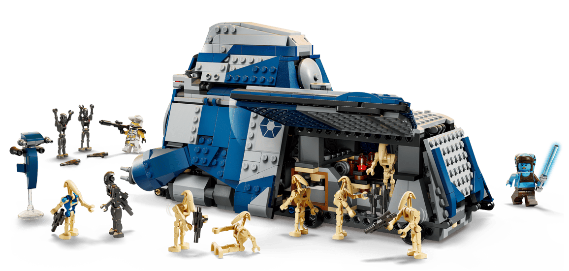 Ein blau-grauer Lego-Transporter mit vielen Minifiguren, darunter Droiden und Soldaten.