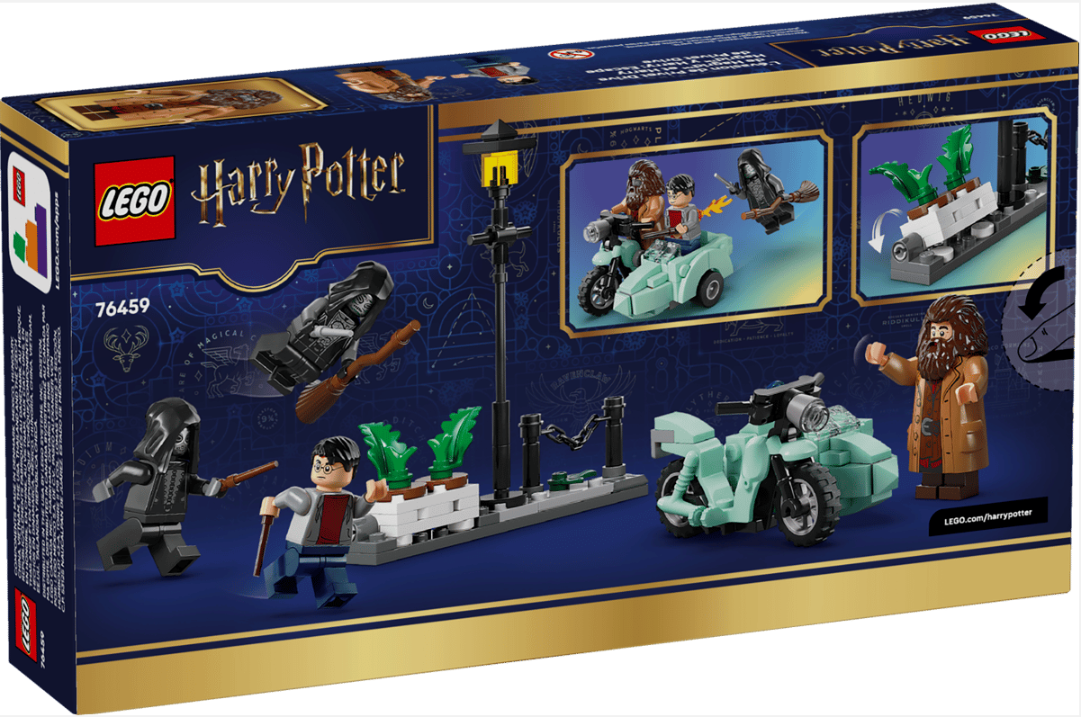 LEGO Harry Potter Set mit Figuren, Motorrad und Beiwagen auf dunkelblauem Karton.