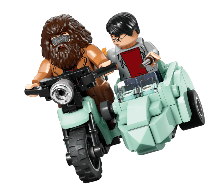 Hagrid und Harry auf einem hellgrünen Motorrad mit Beiwagen, weiße Hintergrund