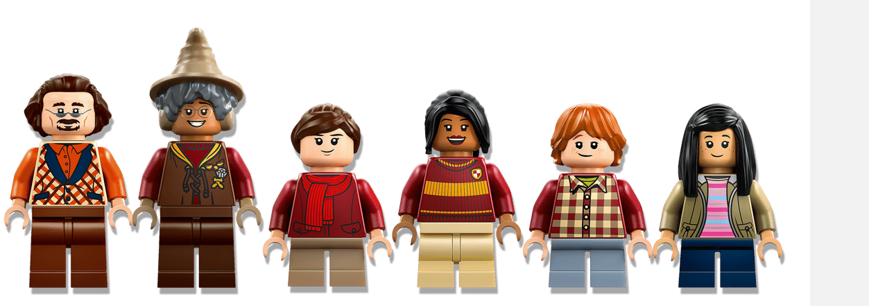 Sechs Lego-Figuren in voller Größe, die eine Reihe von Outfits tragen.