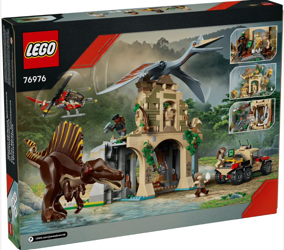 Lego Jurassic World Set mit Spinosaurus, Pterodactyl, Hubschrauber und Fahrzeug.