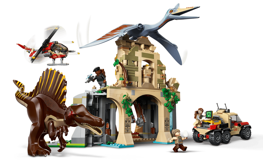 Lego-Dinosaurier: Spinosaurus, Pterodaktylus, Helikopter, Jeep und antike Struktur.