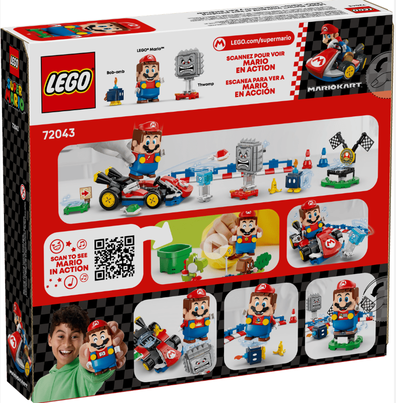 Super Mario Lego Set 72043 Rückseite mit Szenen und Figuren wie Mario und Thwomp.