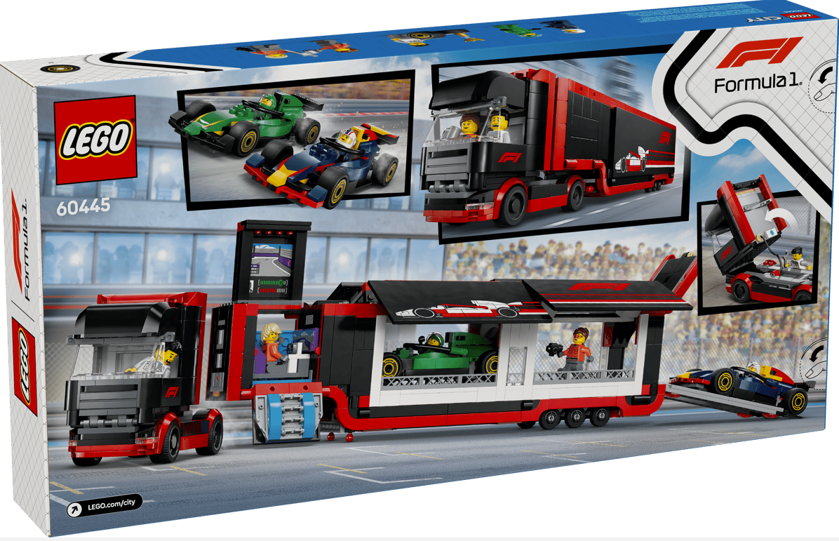 LEGO Formel-1-Transporter mit Rennwagen. Ein LKW transportiert einen grünen Rennwagen.