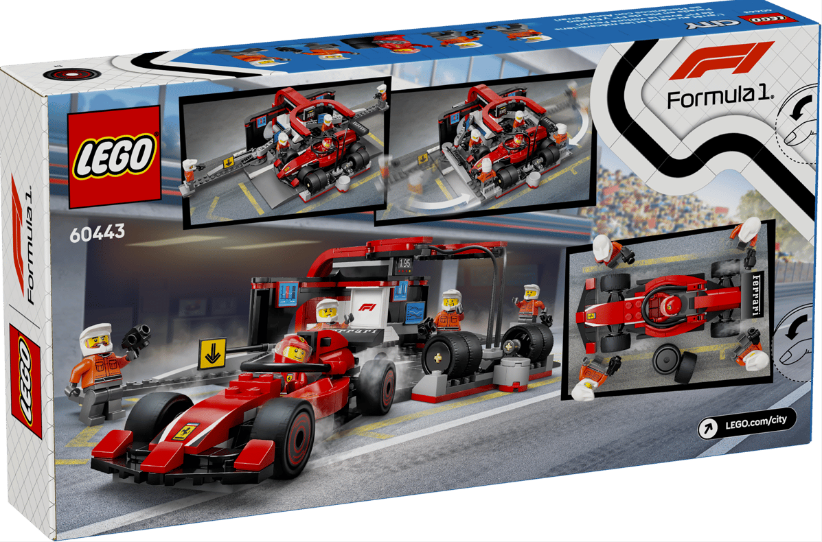 Lego Formel 1 Box mit rotem Rennwagen, Boxenstopp-Set und Minifiguren.