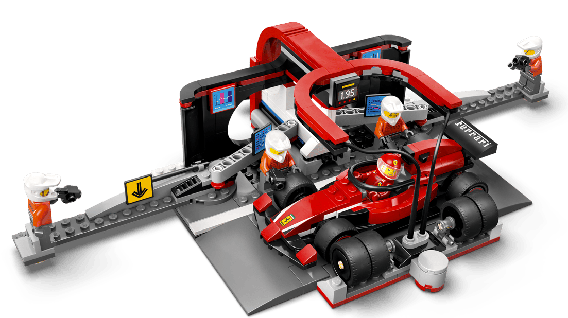 Ein Lego-Ferrari-Rennwagen mit Boxenstopp-Crew und Ausrüstung.