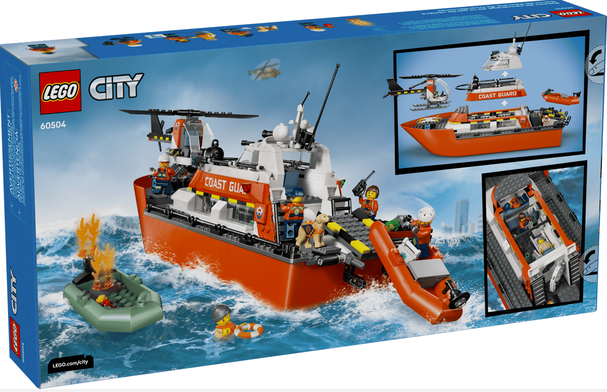 LEGO-Rettungsboot mit Hubschrauber, 4x4, Boot und Figuren auf dem Wasser.