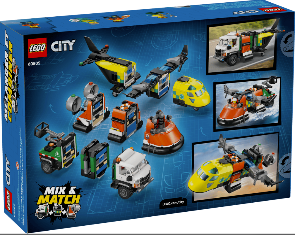 Lego City-Verpackung zeigt verschiedene Fahrzeuge wie Flugzeug, Hovercraft und LKW.