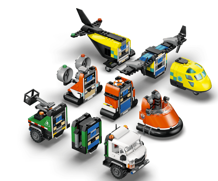 Bunte Lego-Fahrzeuge: Hubschrauber, Krankenwagen, LKW und mehr.