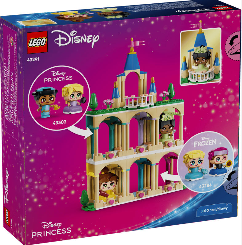 LEGO Disney Prinzessin Schloss mit Figuren: Tiana, Belle, Rapunzel und Anna.