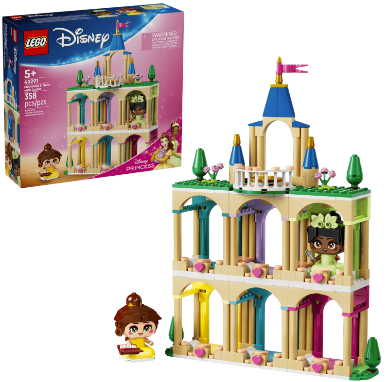 LEGO Disney Schloss mit Belle und Tiana Minifiguren und Bauanleitung.