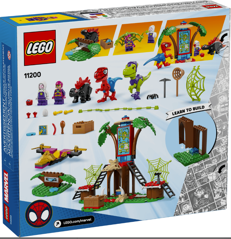Lego-Set mit Dinosauriern, Spiderman und Figuren vor einem Dschungel-Turm.
