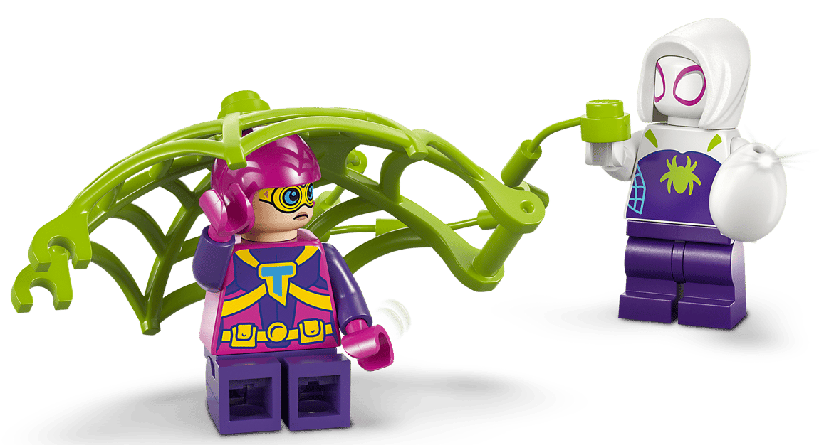 Zwei Lego-Figuren, eine mit grünem Netz, die andere mit Spinnen-Symbol.