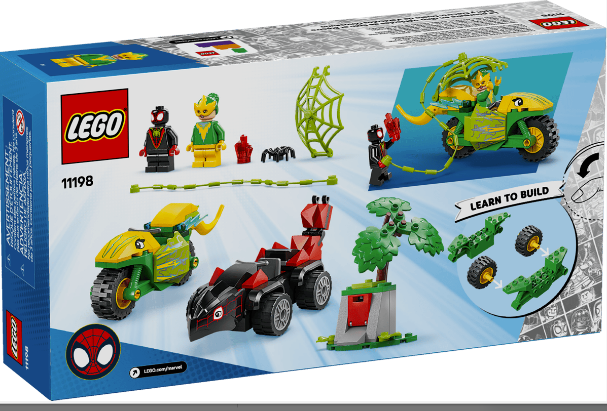 Lego-Set mit Spiderman, Elektro, Motorrädern, Spinnennetz und Baum.