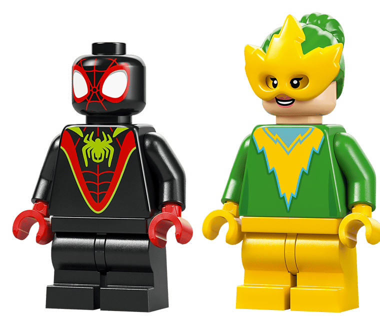 Zwei Lego-Minifiguren: Spider-Man in Schwarz mit roten Details und Electro in Grün und Gelb.