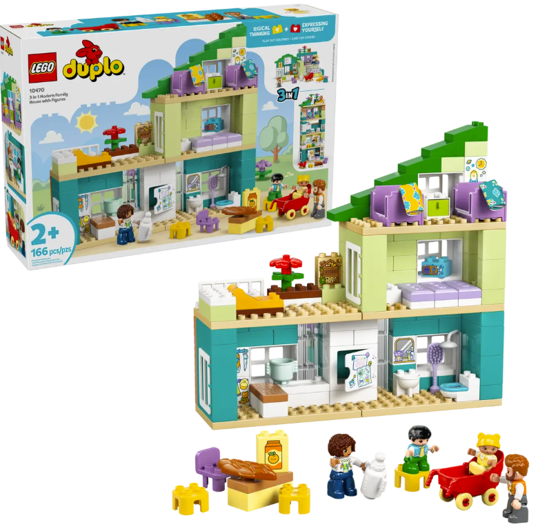 Ein buntes Lego Duplo Haus mit Figuren und Zubehör.