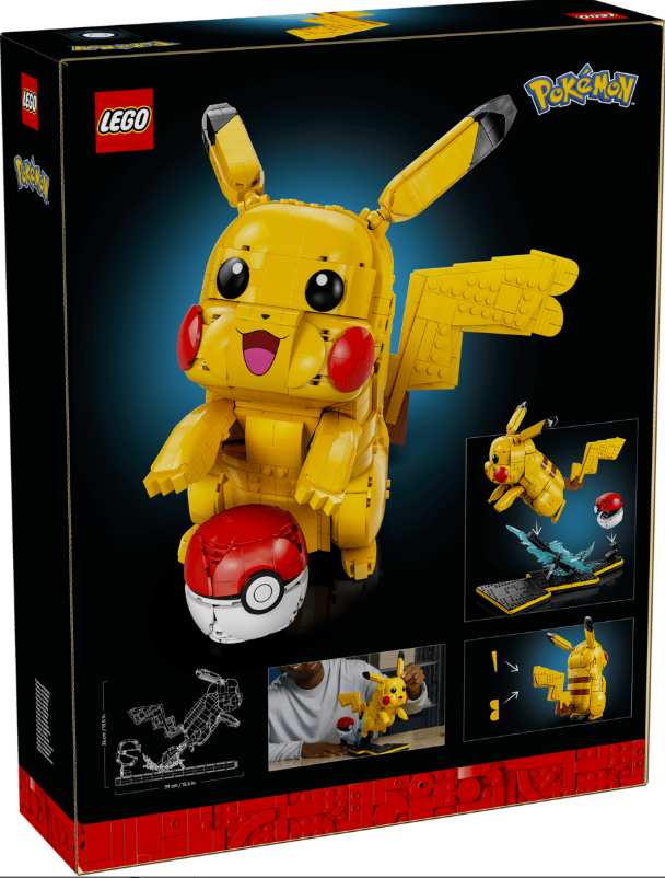 LEGO Pikachu-Set-Box mit einem großen, baubaren Pikachu und Pokeball.