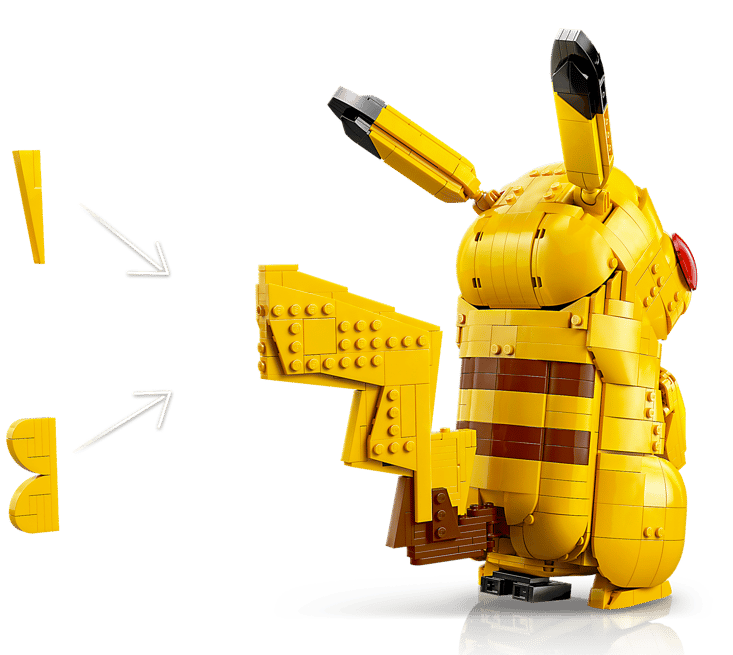 Ein gelbes Lego-Pikachu mit braunen Streifen und schwarzspitzen Ohren. Zwei gelbe Teile und Pfeile zeigen darauf.
