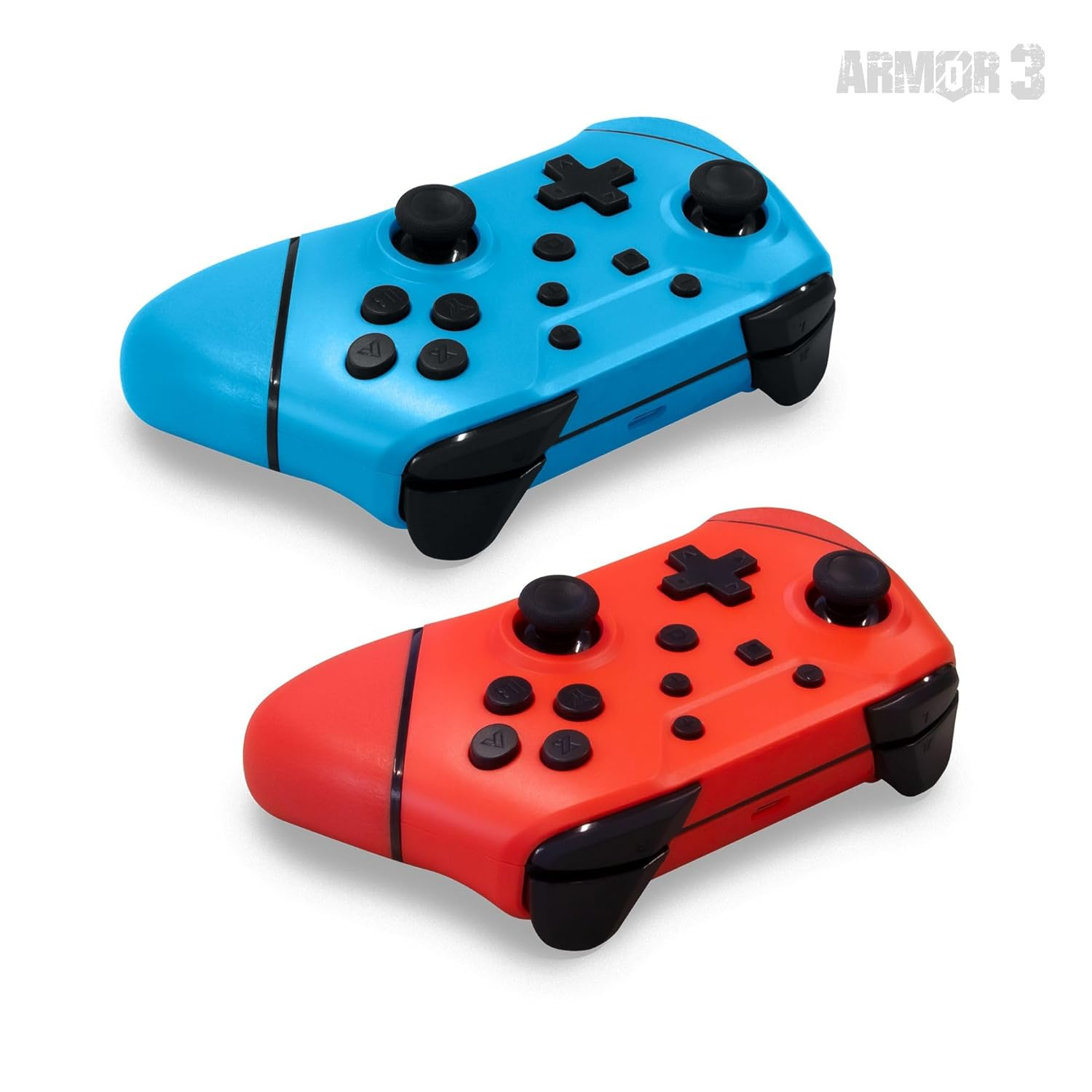 Zwei Controller: ein blauer und ein roter, mit schwarzen Bedienelementen auf weißem Grund.