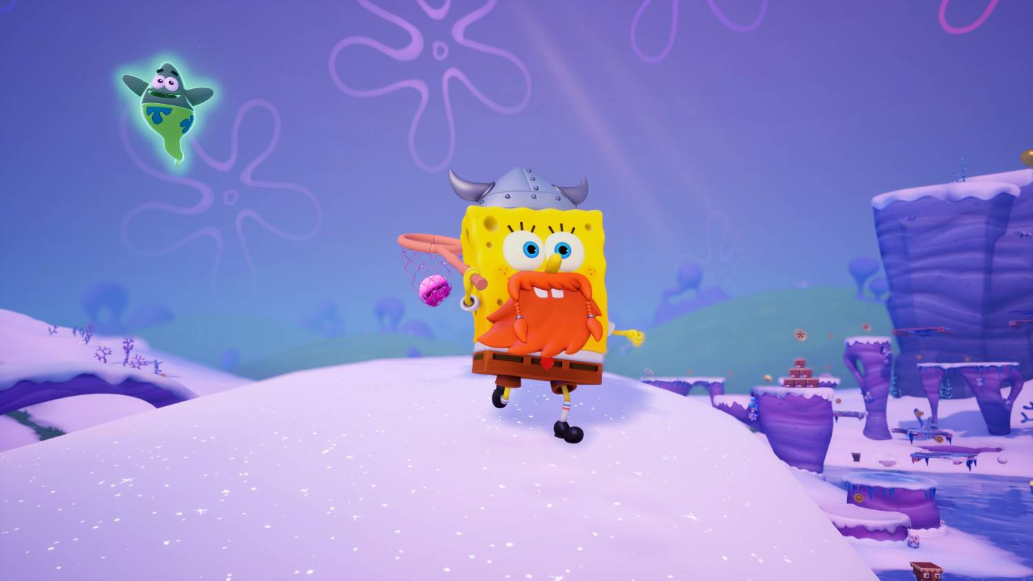Bob Esponja como vikingo con barba atrapa una bola rosa en una red. Patricio como fantasma flota.