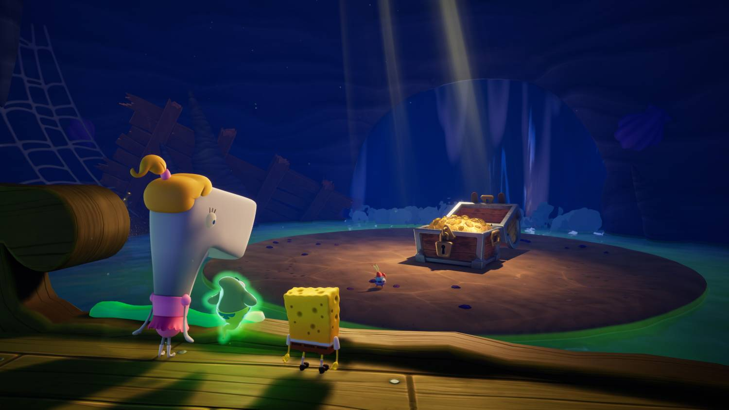 Bob Esponja y Perla están cerca de un cofre del tesoro abierto lleno de monedas de oro.