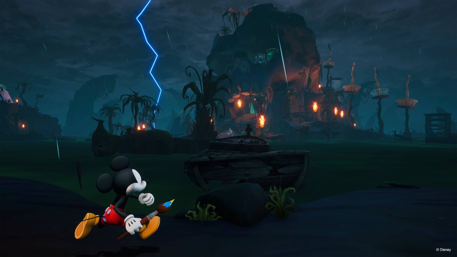Mickey Mouse corre con un pincel en un paisaje oscuro y tormentoso con relámpagos.