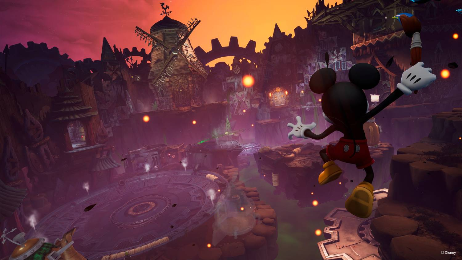 Mickey Mouse sostiene un pincel en un mundo mecánico y oscuro al atardecer.