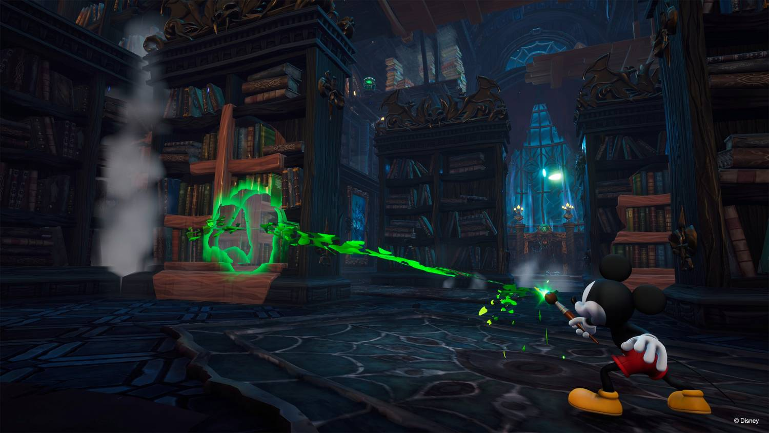 Mickey Mouse en una biblioteca disparando energía verde. El humo se eleva.