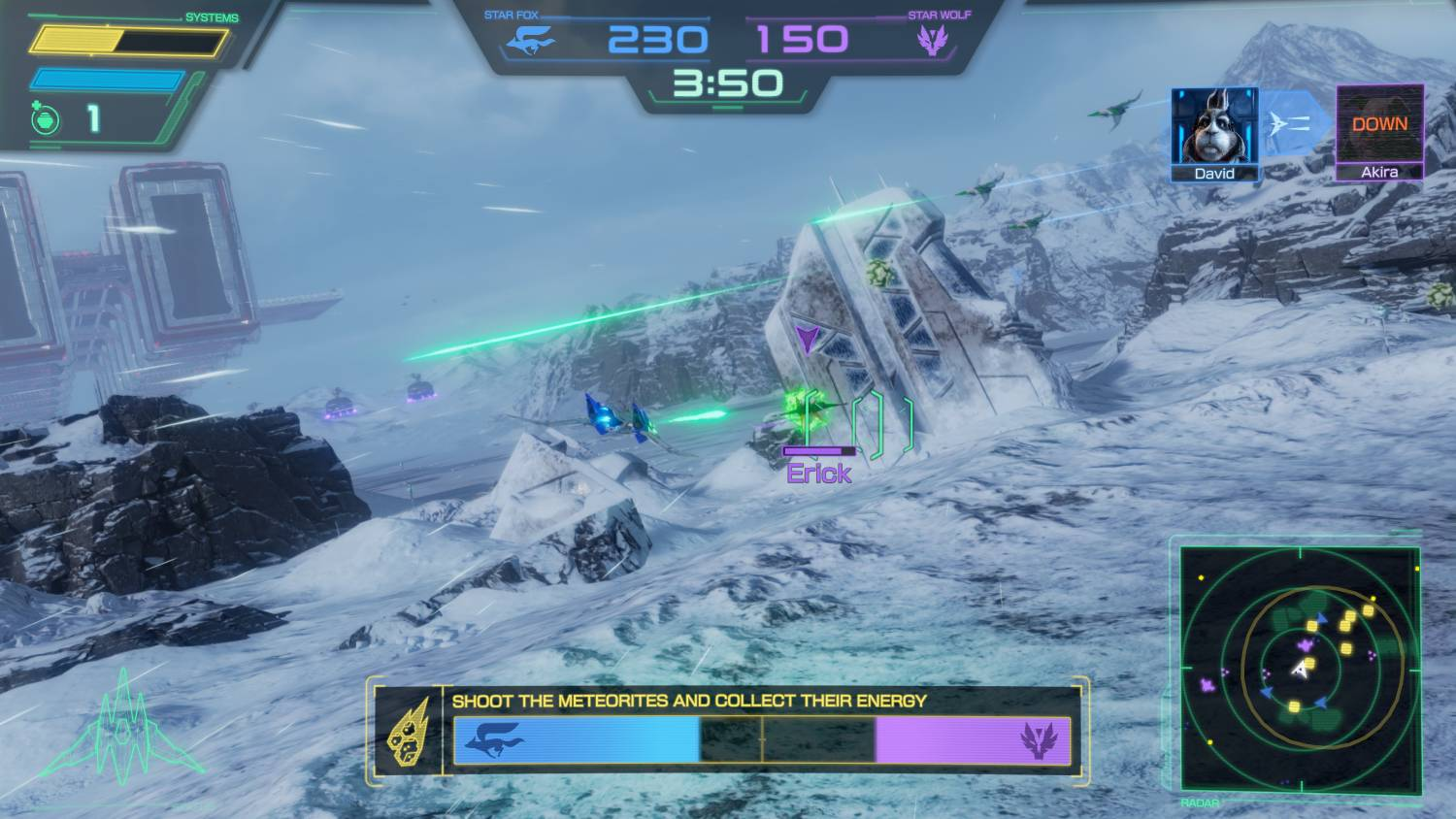 Un juego de combate espacial en una arena futurista nevada con pantalla de puntuación.