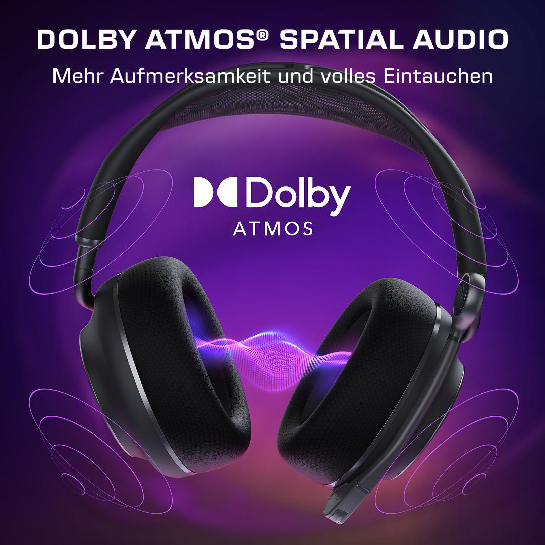 Schwarze Kopfhörer mit Dolby Atmos Schriftzug und lila Wellen.