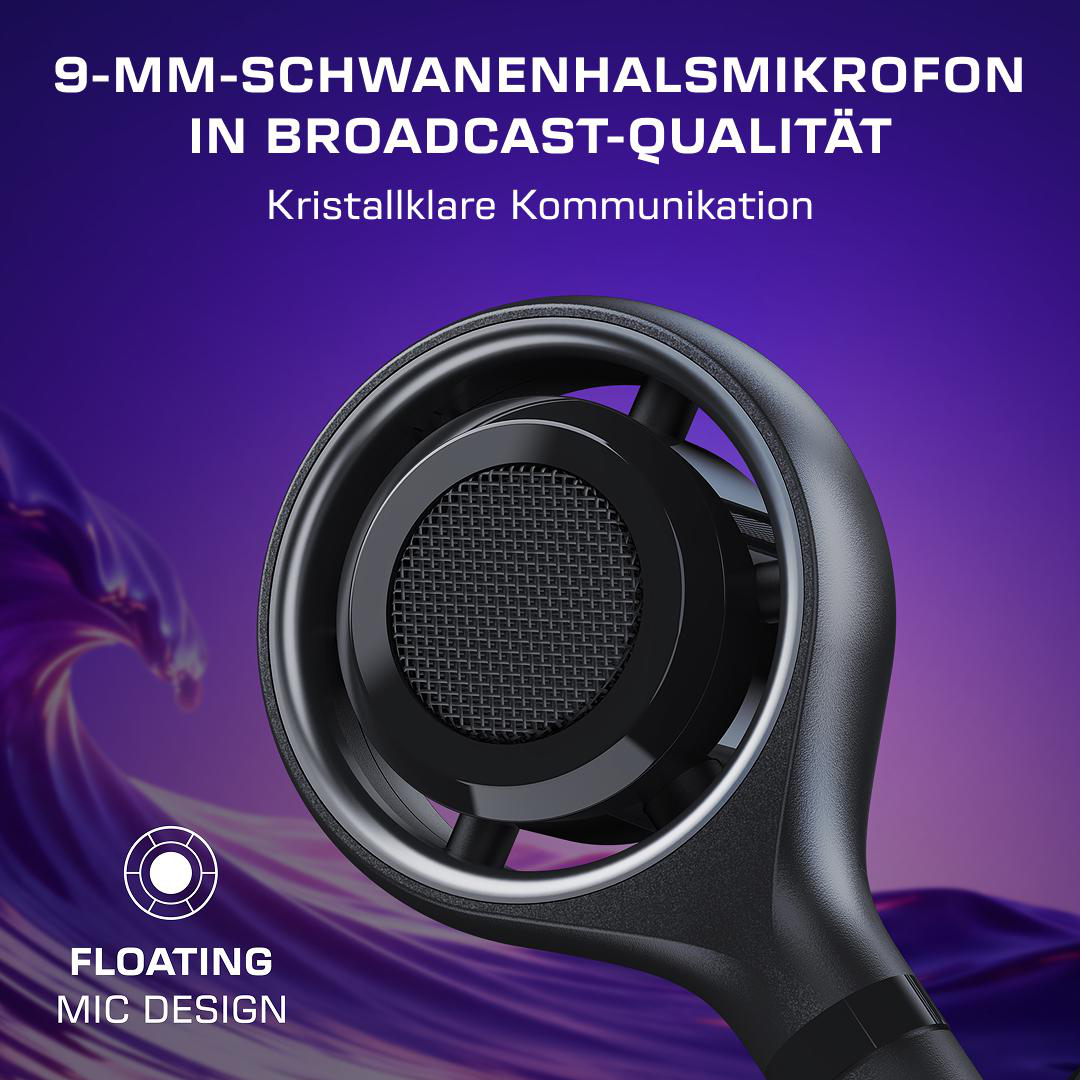 Nahaufnahme eines schwarzen Schwanenhalsmikrofons mit Gitter vor lila Hintergrund.
