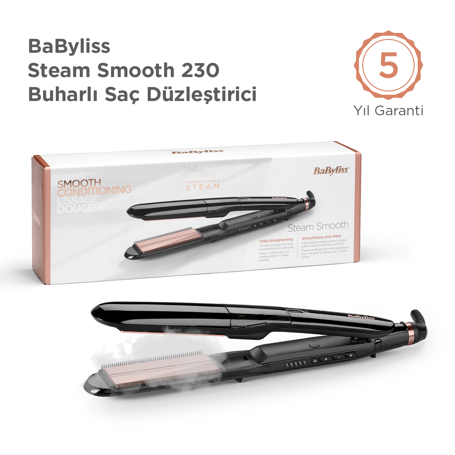 BaByliss Steam Smooth 230 buharlı saç düzleştirici, 5 yıl garantili.
