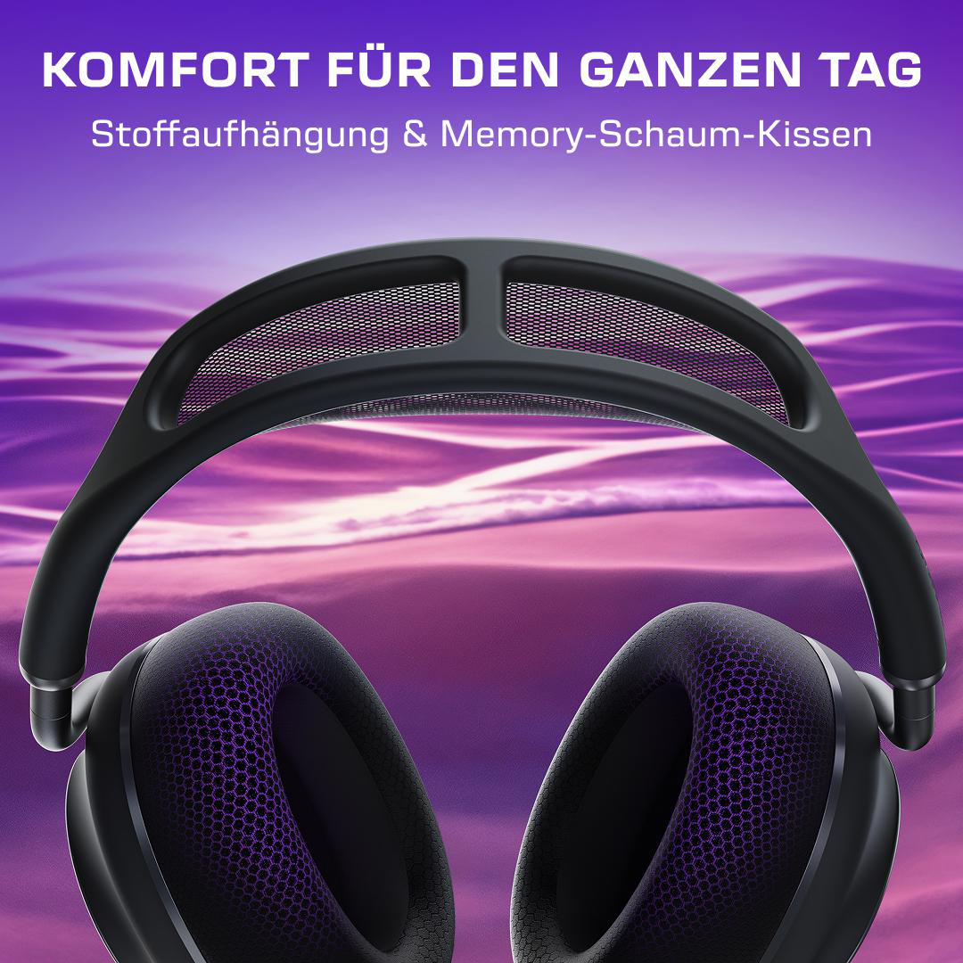 Schwarze Kopfhörer mit lila Akzenten vor einem lila Hintergrund.