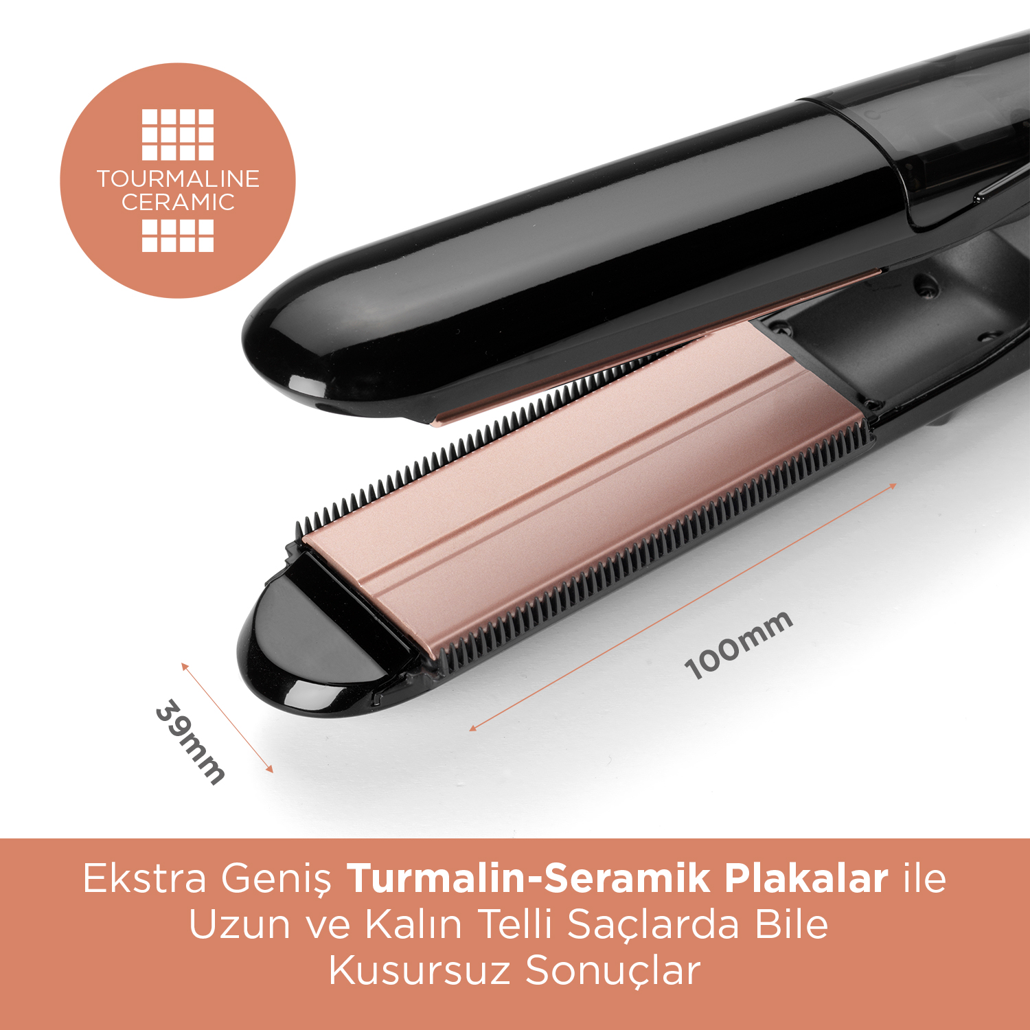 Rose gold plakalı siyah saç düzleştirici, 39mm ve 100mm ölçülerinde.