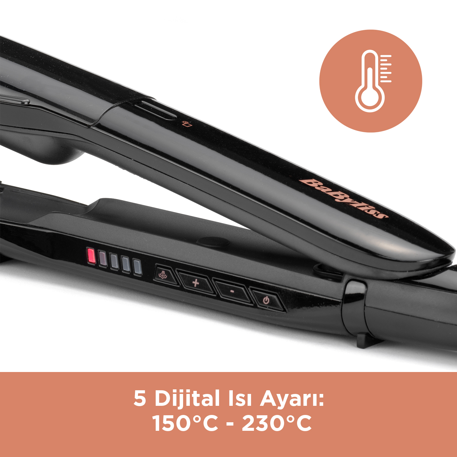 Siyah saç düzleştirici, 150-230°C dijital sıcaklık ayarları.