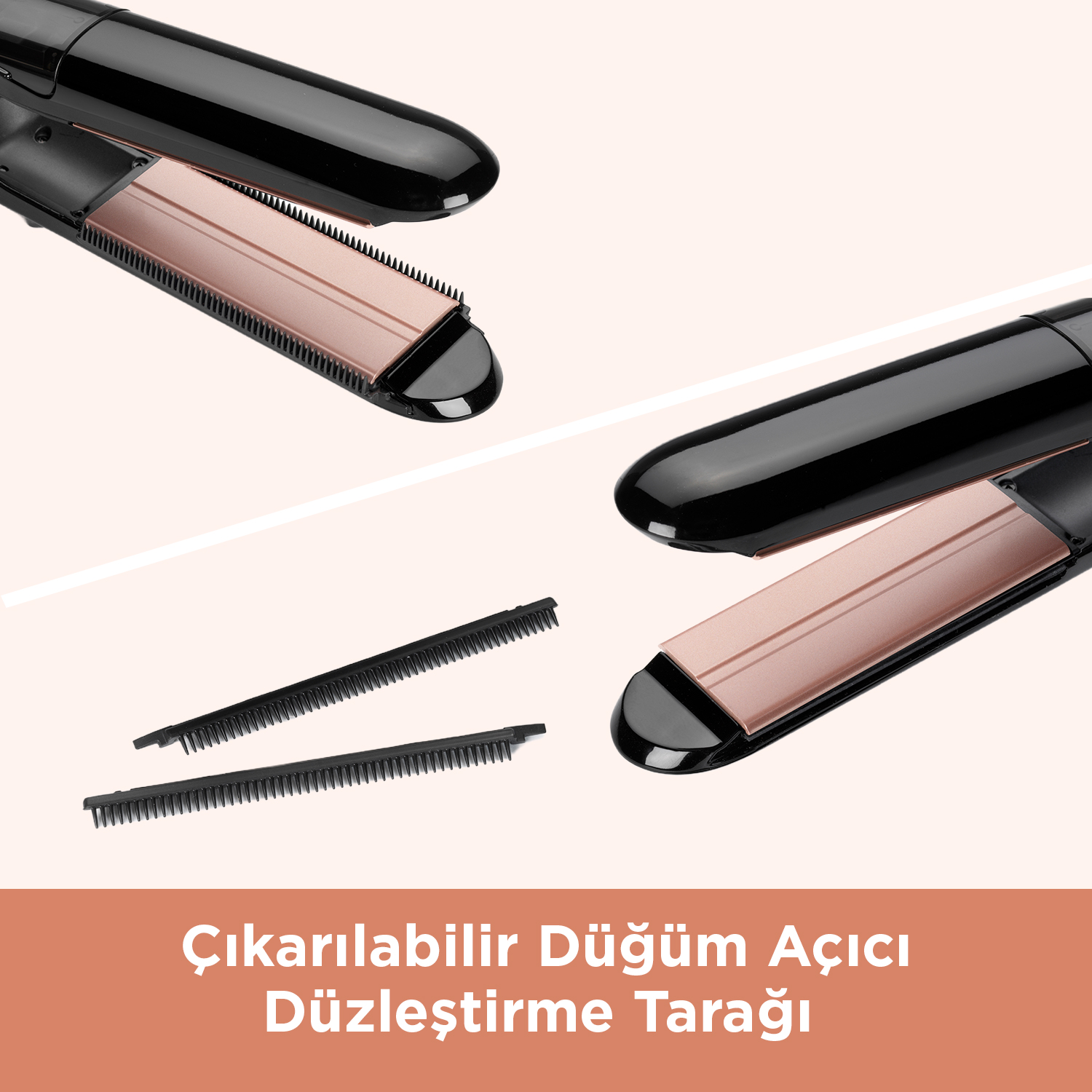 Rose gold plakalı siyah saç düzleştirici ve iki adet çıkarılabilir tarak.