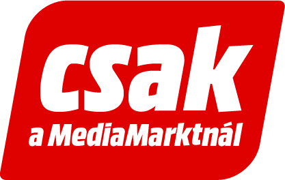 Logó fehér 'csak a MediaMarktnál' felirattal piros háttéren.