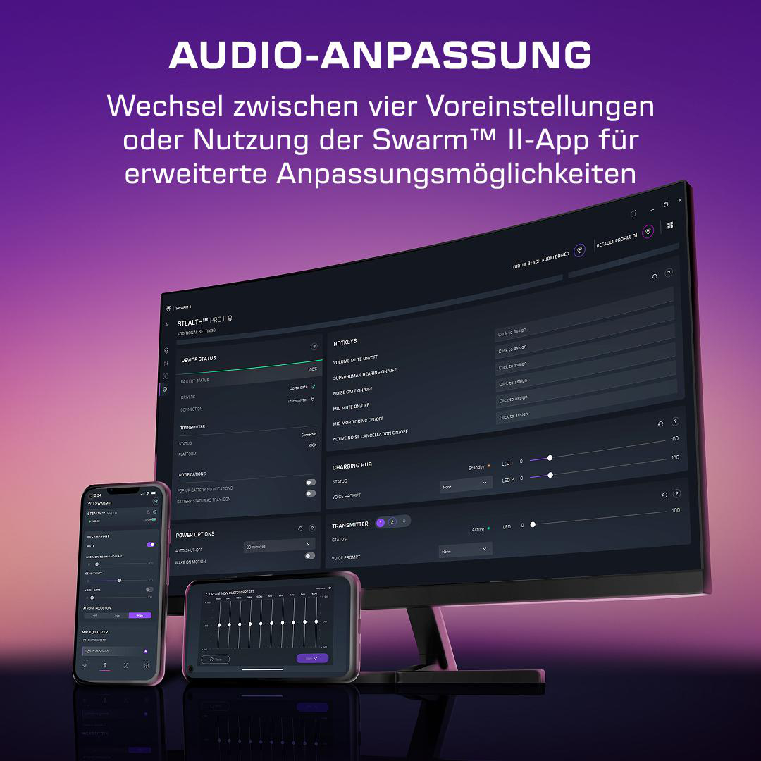 Computerbildschirm und zwei Smartphones zeigen die Turtle Beach Audio-Anpassungs-App mit Hotkey- und Ladehub-Einstellungen.