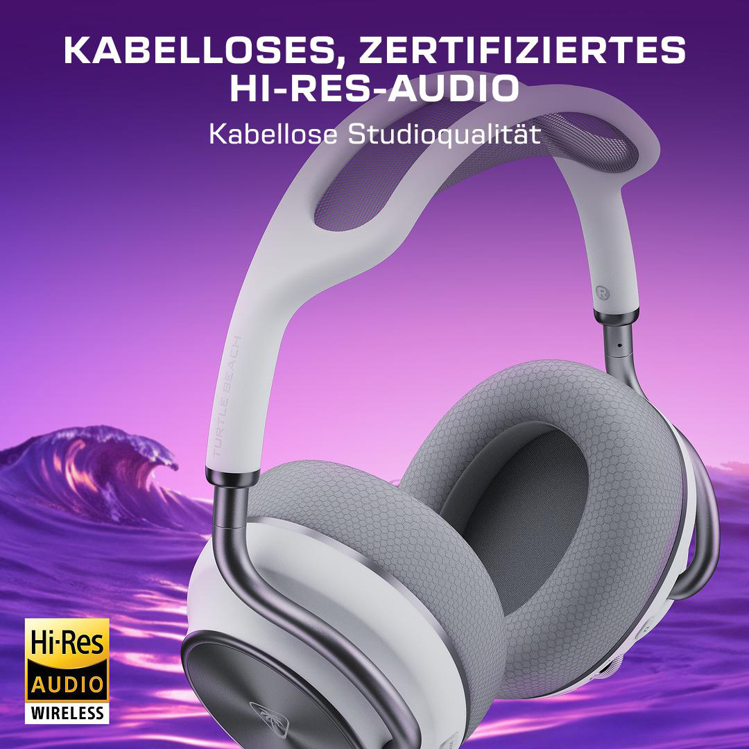 Weiß-graue Kopfhörer mit Hi-Res Audio Wireless-Logo vor lila Wellen.