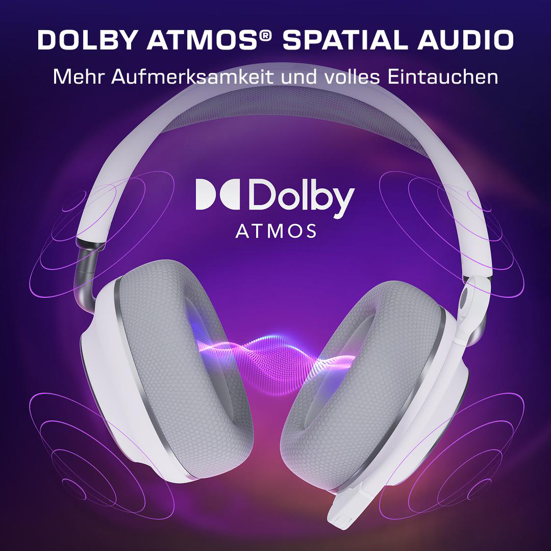 Weiße Kopfhörer mit Dolby Atmos-Logo und lila Wellen auf dunklem Hintergrund.