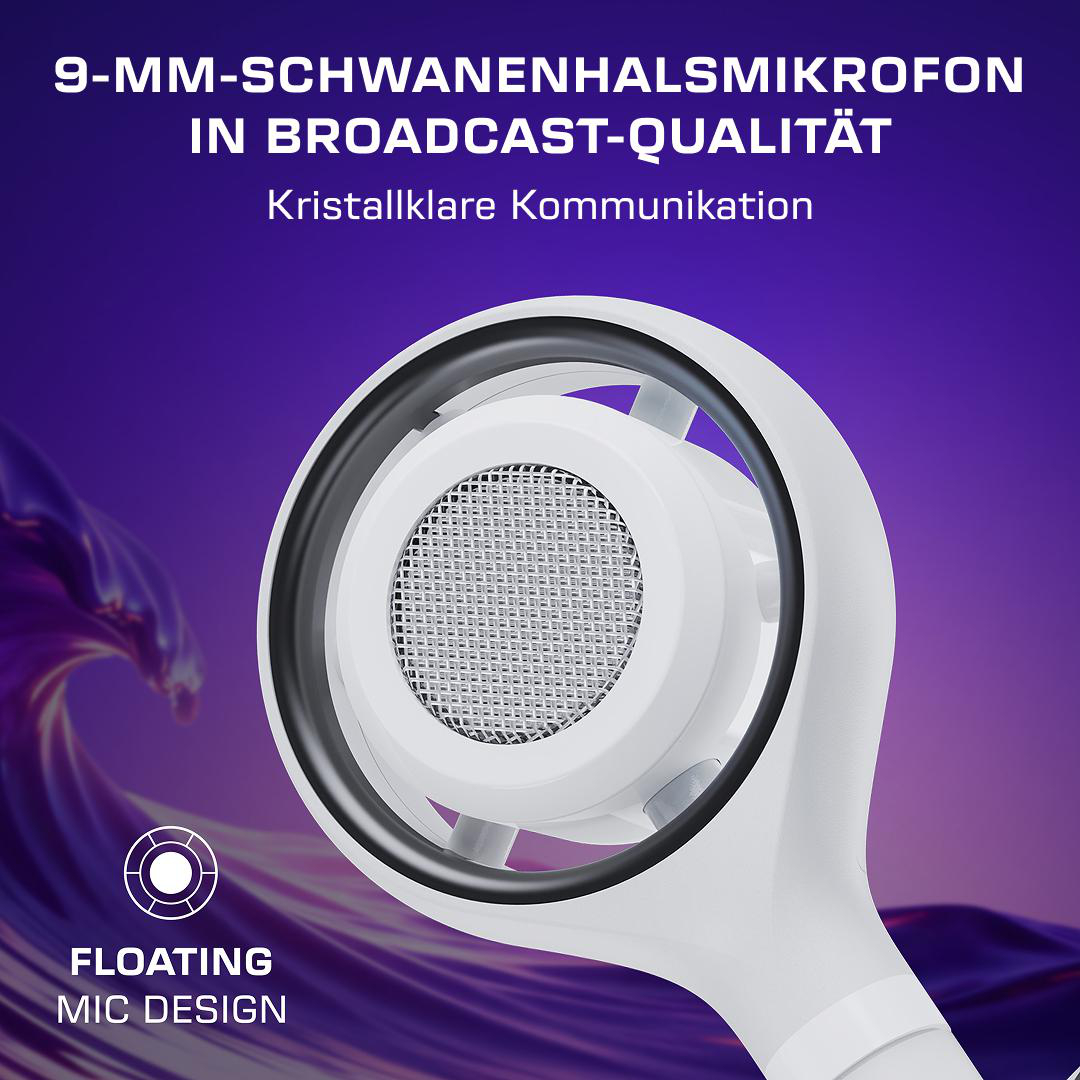 Ein weißes Mikrofon mit schwarzem Ring und Gitter vor lila Hintergrund.