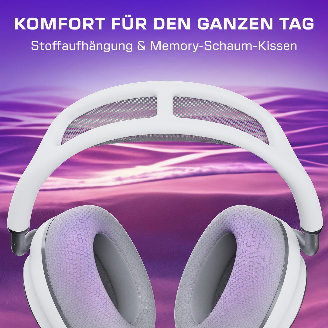 Weiße Kopfhörer mit lila Akzenten vor einem lila Hintergrund.
