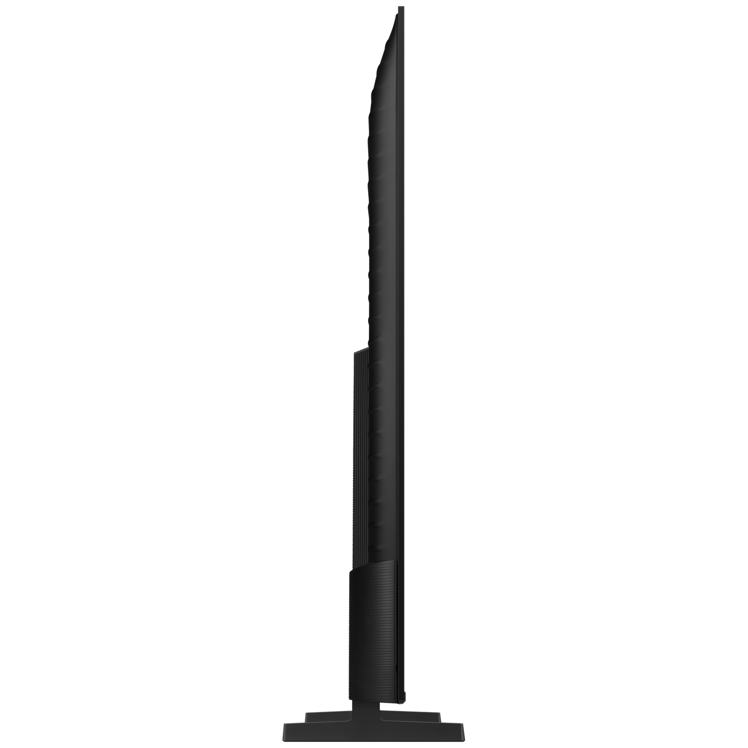 Black television set in side profile on a white background.