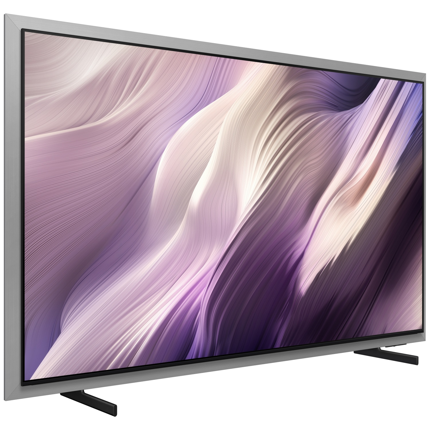 Een moderne flatscreen-tv met een zilveren frame en een abstract, vloeiend patroon op het scherm.