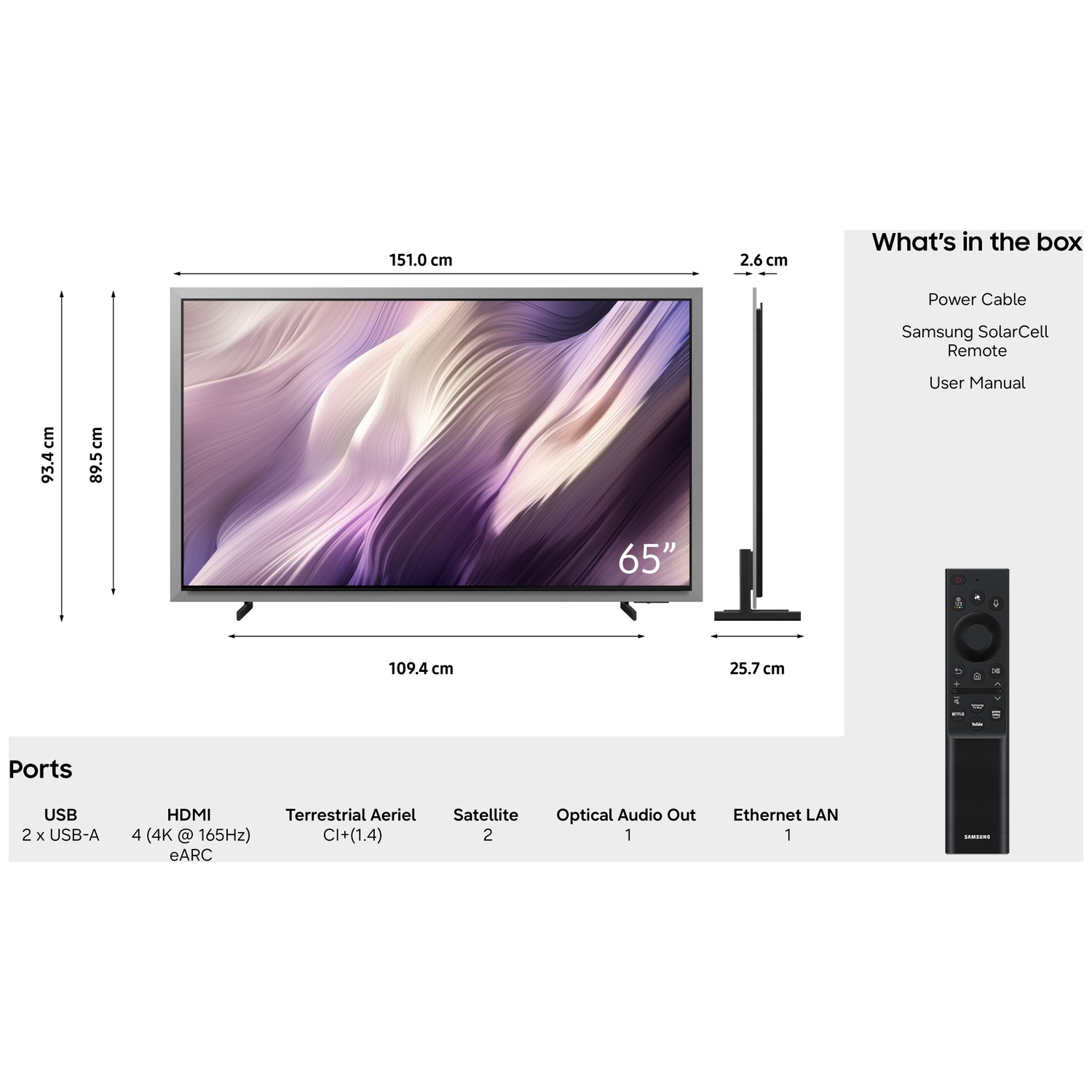 65-inch tv met afmetingen, poorten en afstandsbediening.
