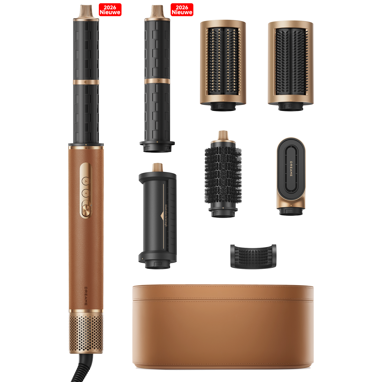 A brown leather case with a hairdryer and various attachments in black and gold.