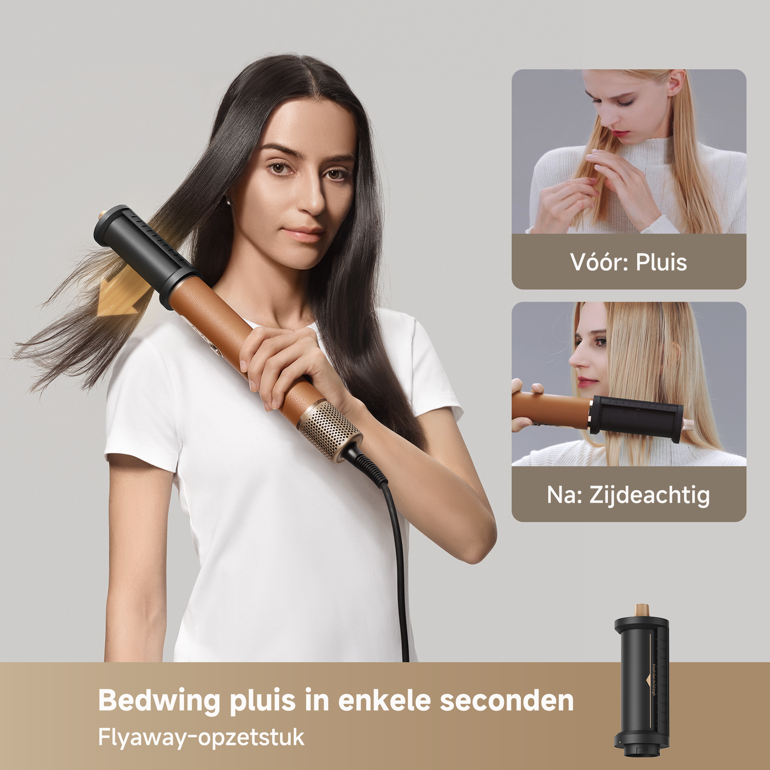 Woman styling hair with a hot brush; comparison of frizzy to silky hair.